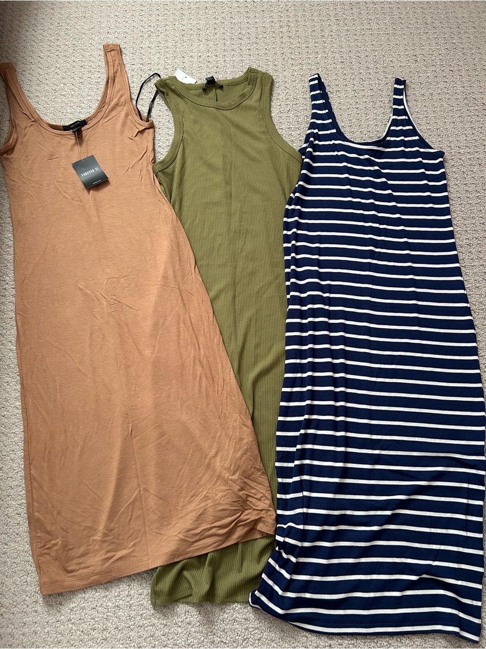 3 Maxi Midi Tank Dresses Old Navy Forever 21 Tan Olive Navy Stripe Ribbed Sz S M